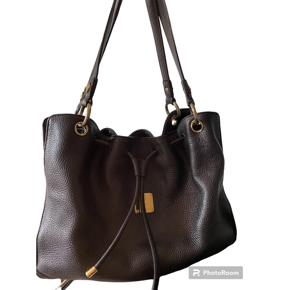 MCM Germany Black Shoulder Bag w Gold Accents Authenticated
